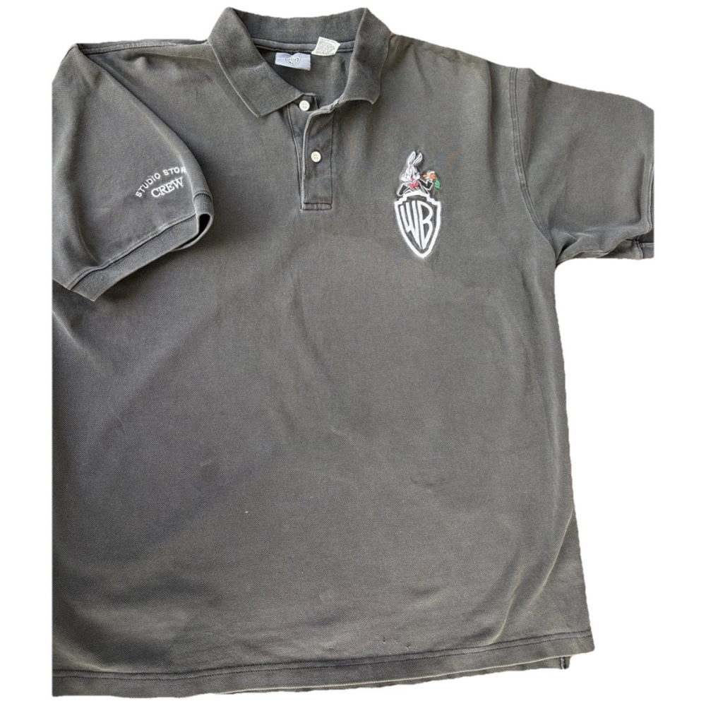 Warner Bros Studio Store Crew Polo Shirt XL Gray Bugs Bunny Shield Logo